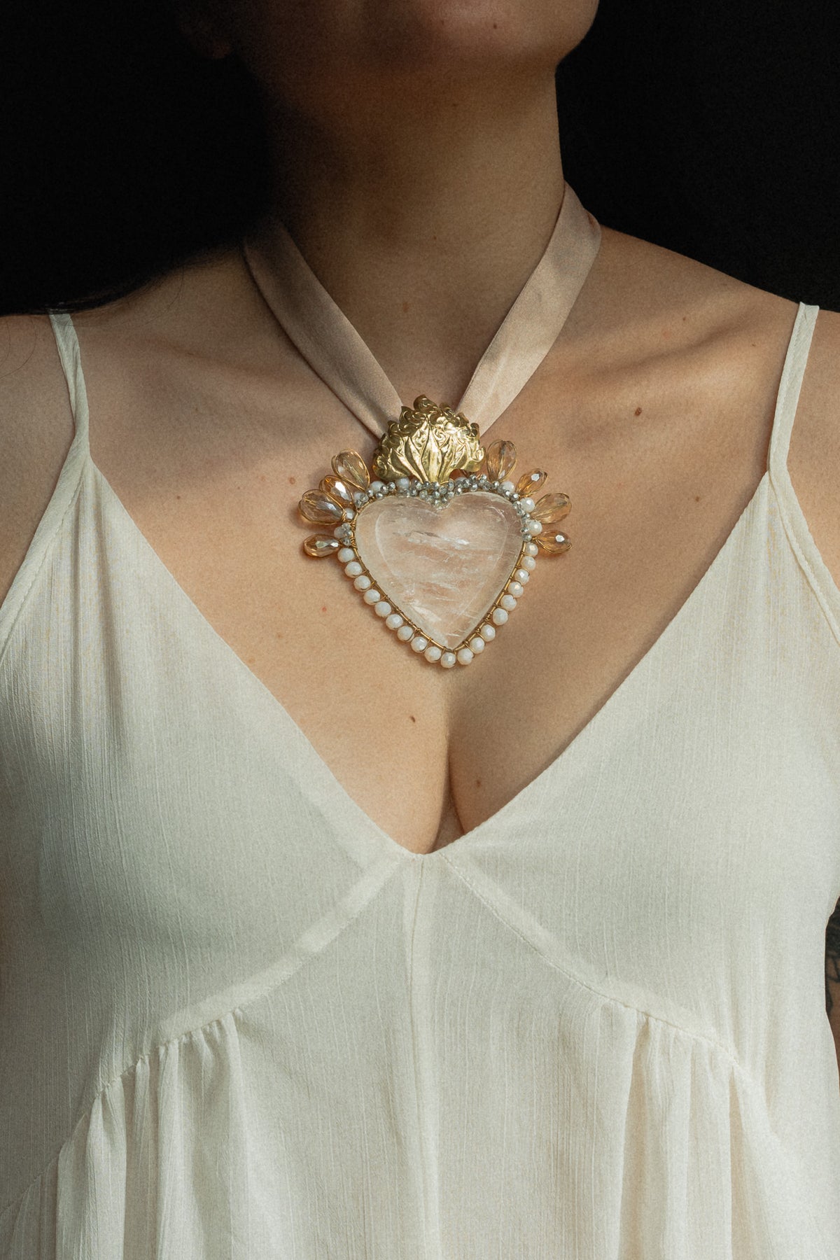 White Quartz Sacred Heart Necklace