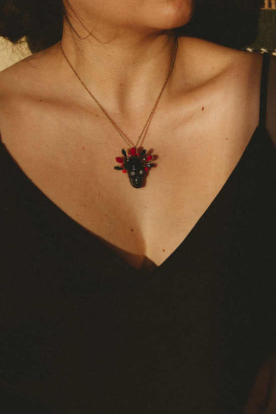 Obsidian Frida Skull Necklace