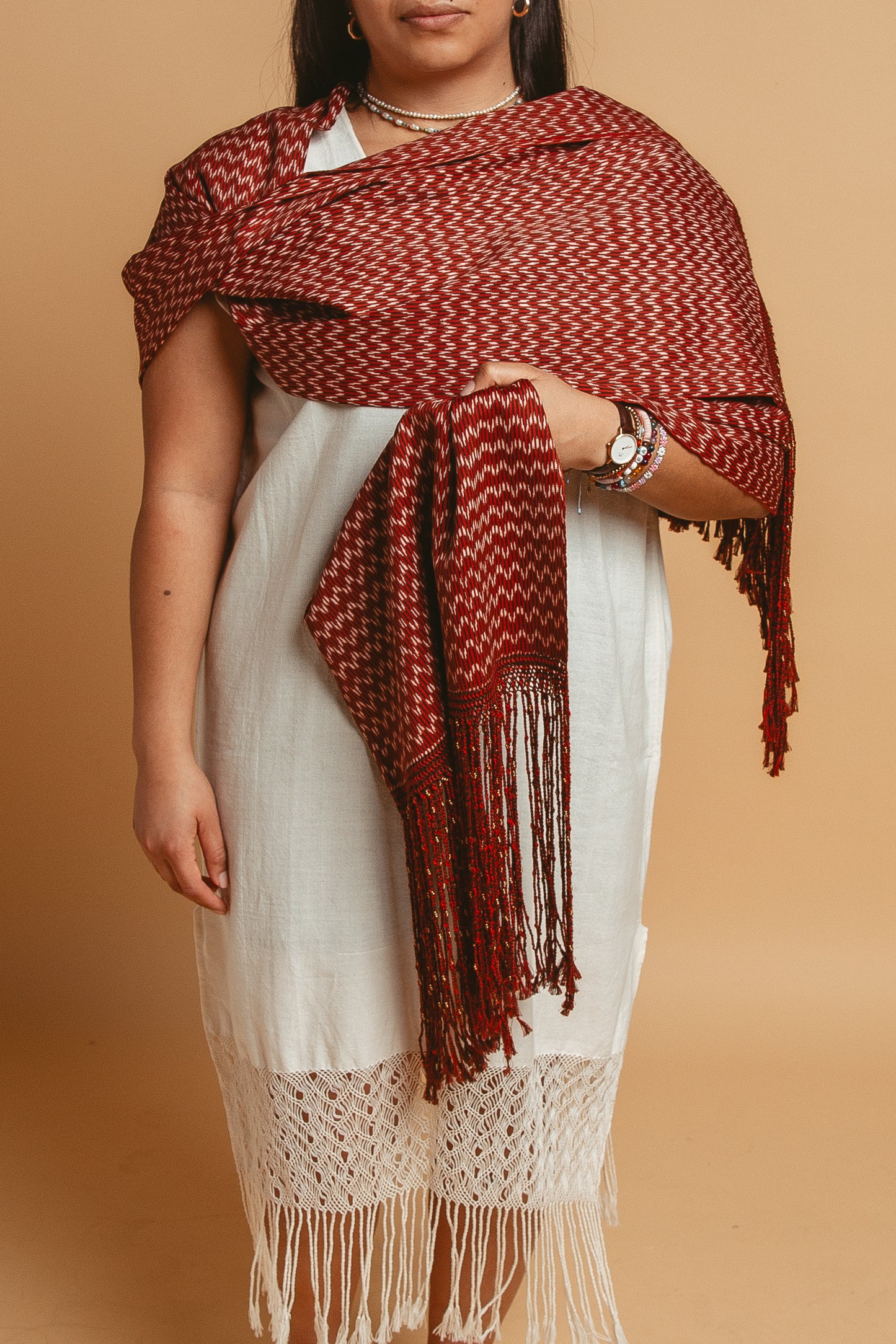 Load image into Gallery viewer, Large Beaded Rebozo - Rojo

