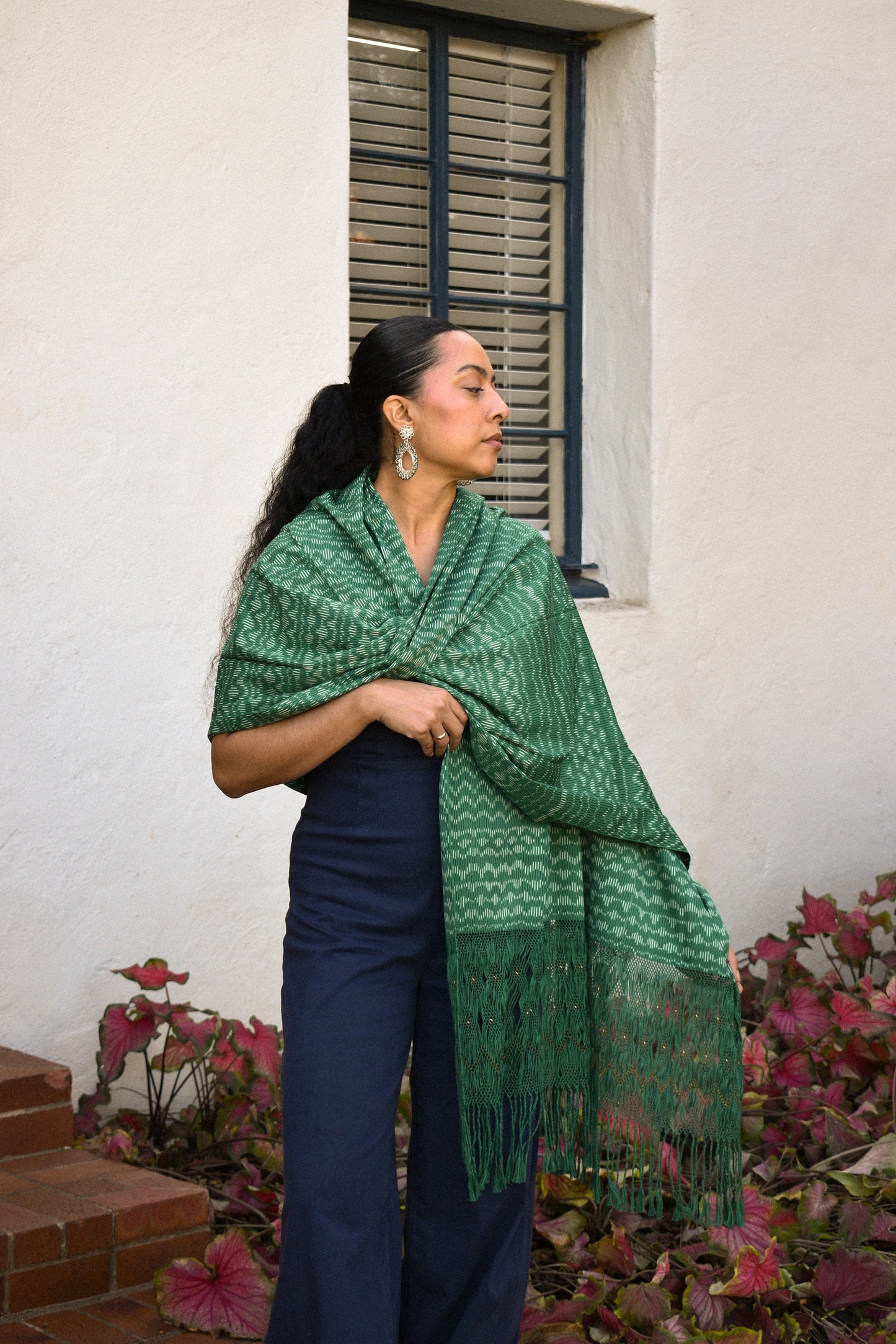 Beaded Large Rebozo - Green - Cadena Collective