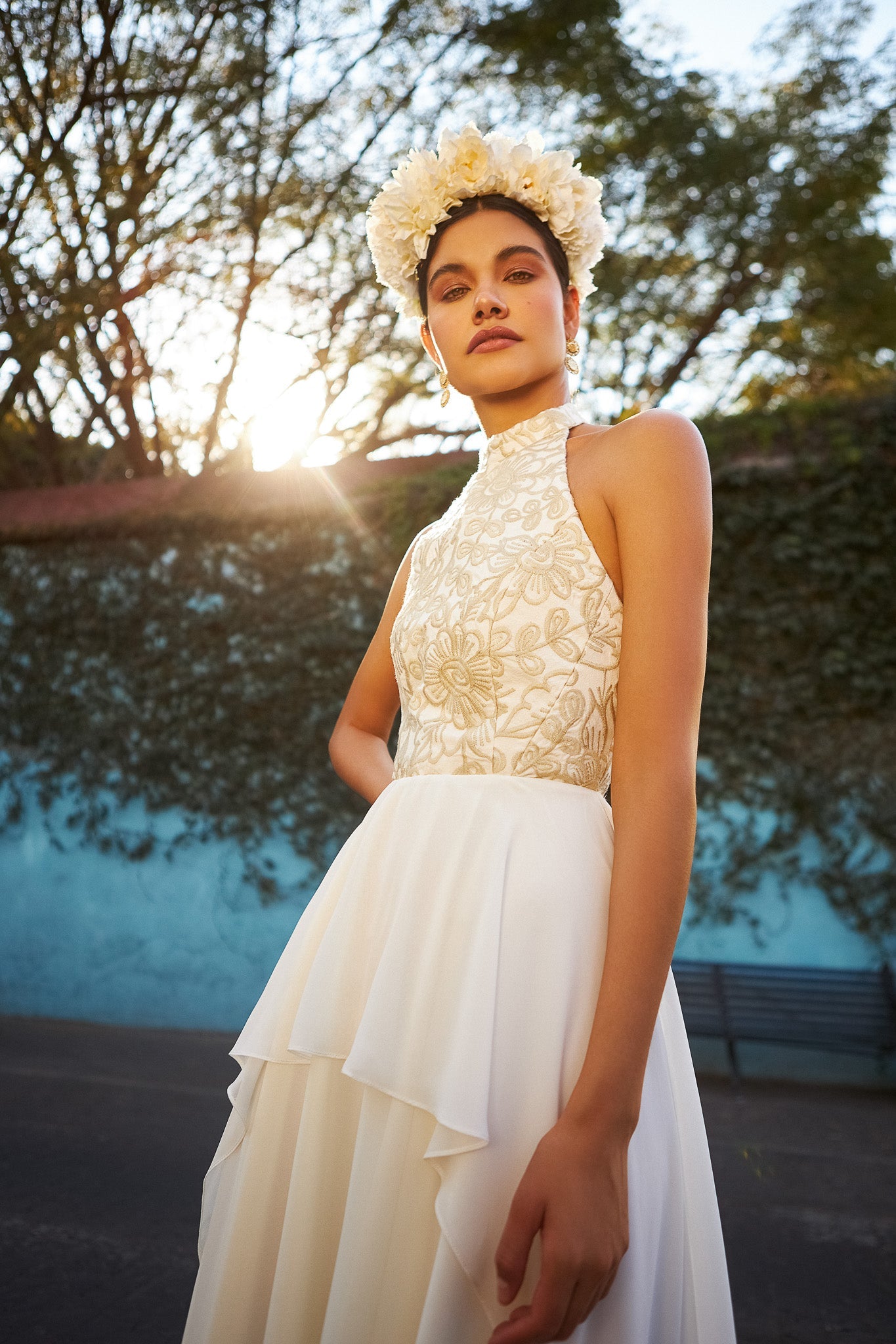 Floral Ivory Halter Dress - Cadena Collective