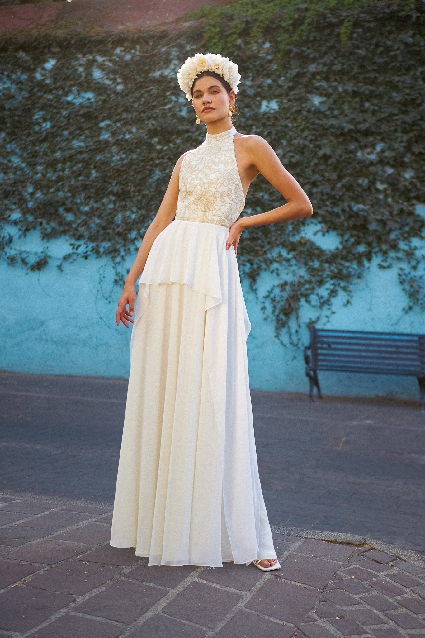 Floral Ivory Halter Dress - Cadena Collective