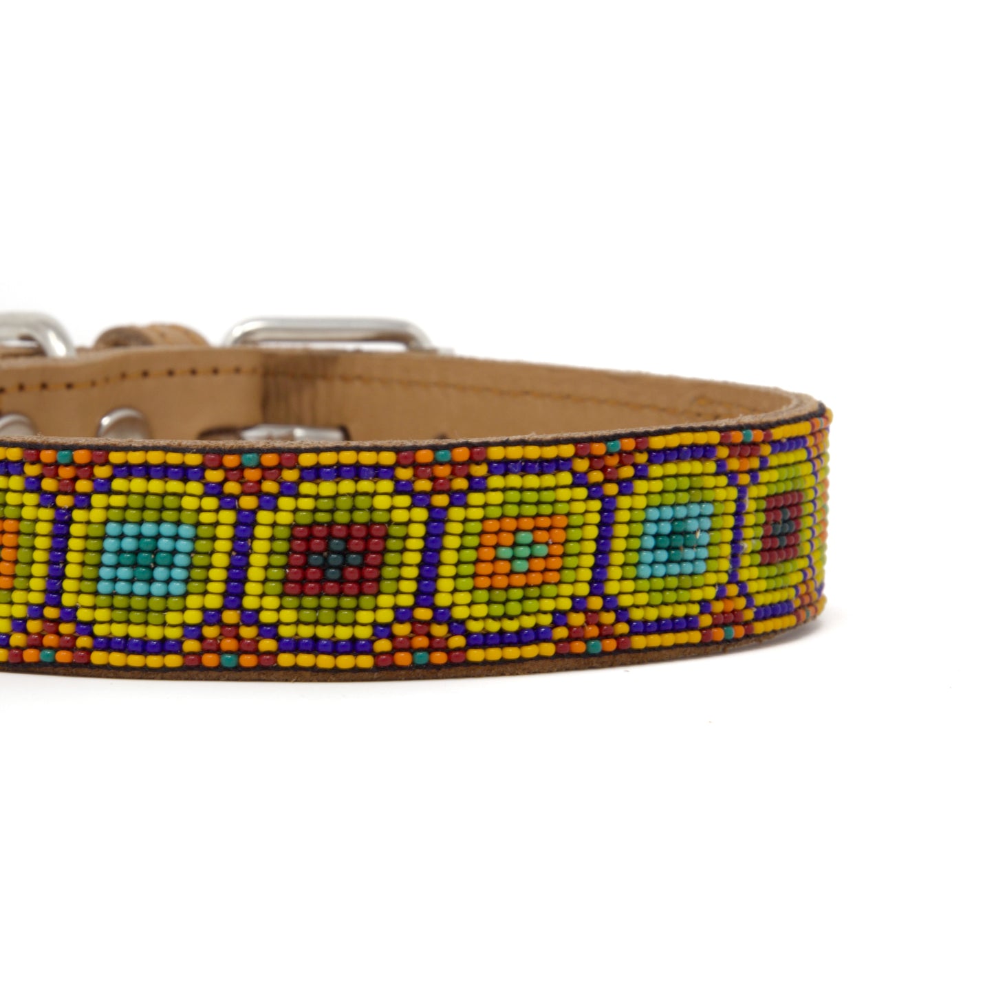 Rounded Square Beaded Handmade Leather Dog Collar - Medium